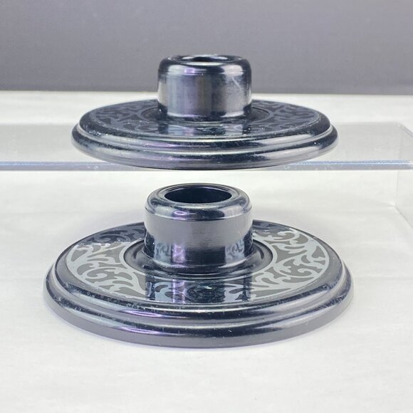 Vintage Compo-Site Black Silver Tone Scroll Design Taper Candle Holders - Picture 3 of 11